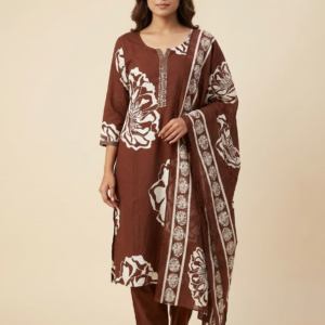 chocolate-brown-cotton-kurti-pant-dupatta-set