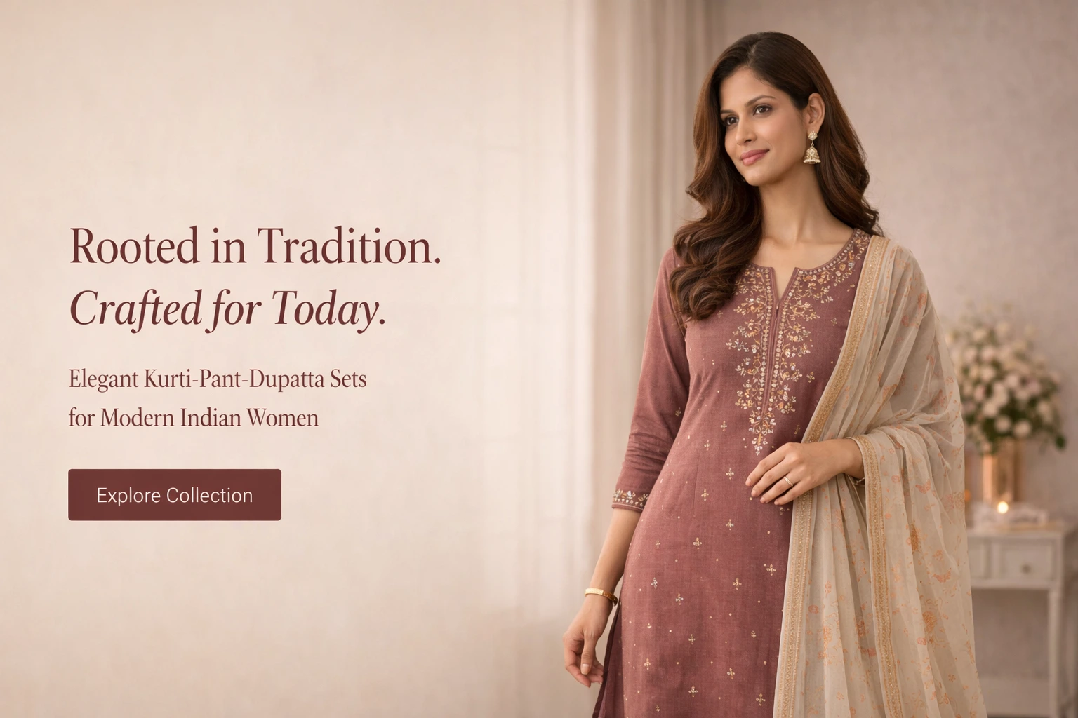 Elegant Indian woman wearing a kurti pant dupatta set, representing modern ethnic wear rooted in tradition.