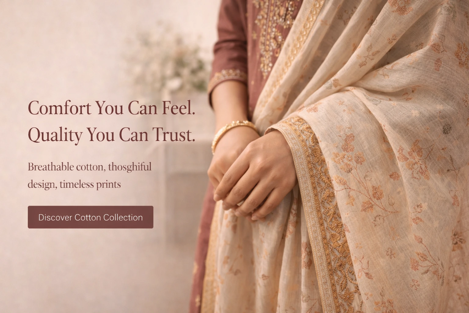 Close-up of breathable cotton dupatta and kurti fabric showing texture, quality, and fine detailing.