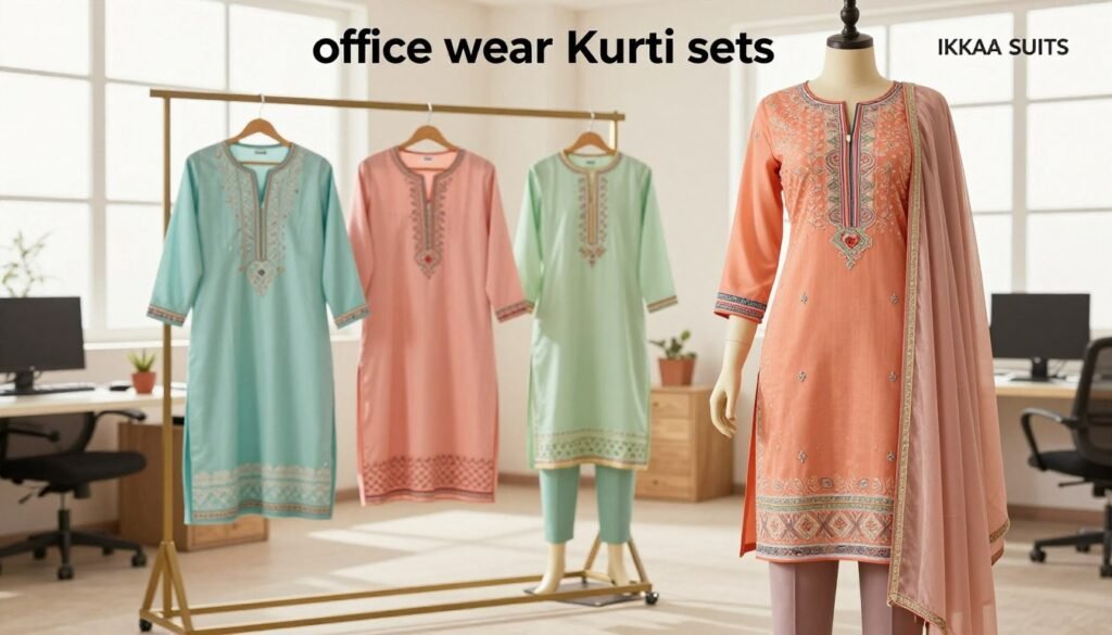 office wear Kurti sets — mix-and-match neutrals with statement dupattas